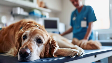 Wall Mural - Sad labrador retriever dog on a table in a veterinary clinic. Golden retriever puppy in a vet cabinet