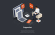 Concept Of Copywriter Job. Man Or AI Writes Text On Laptop. Person Editor Typing Electronic Text Book, Letter Or Journal Sitting On Stack Of Paper With Text. Isometric 3D Cartoon Vector Illustration