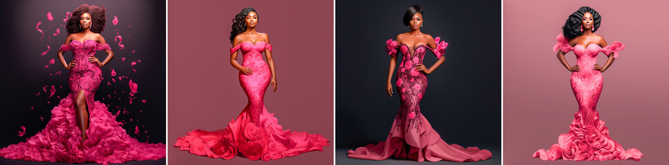 Wall Mural - The photo shows a dark-skinned Ghanaian woman in a luxurious evening dress. The dress is made of exquisite hot pink lace embroidered with beads. The image shows beauty and elegance