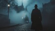 A mysterious figure in a top hat strides through the foggy winter streets, surrounded by horse-drawn carriages and the looming silhouettes of trees, their elegant clothing blending into the misty sur
