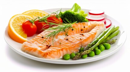 Wall Mural - Roasted salmon steak with fresh veggies on white plate, ample space for text placement