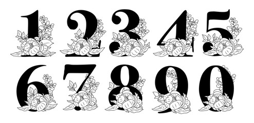 Wall Mural - Aesthetic floral numbers collection. A set of beautiful peony flowers and eucalyptus leaves line art drawing with black numbers for wedding invitation, anniversary, birthday card. Vector illustration.