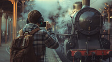 A Rugged Man Captures The Timeless Beauty Of A Steam Engine As It Chugs Along The Railroad Tracks, Its Billowing Smoke Creating A Dramatic Backdrop For His Vintage Clothing
