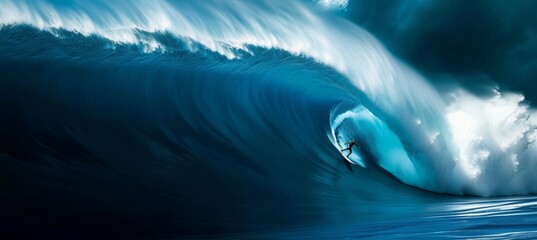 Surfer riding massive blue ocean wave   extreme sport and active lifestyle concept