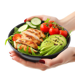 Wall Mural - Woman’s hands presenting a healthy salad with tomatoes, chicken, avocado, and green leaves in a bowl, side view, Isolated on Transparent Background, PNG