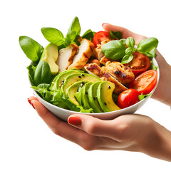 Wall Mural - Healthy eating theme: Woman’s hands holding a bowl with salad, side view, featuring tomatoes, chicken, avocado, and green leaves, Isolated on Transparent Background, PNG