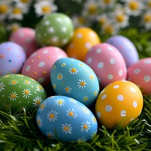 AI Generated Illustration Of Easter Eggs Atop Vibrant Grass And Blooming Flowers Under A Sunny Sky