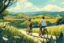 Man And A Woman Cycling Through Picturesque Countryside, Enjoying The Scenery