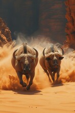 Two Bulls Are Running In A Desert By Some Rocks And Sand