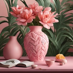 Sticker - AI generated illustration of an arrangement of pink vase flowers on desk