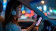 Distracted young woman using smartphone while driving a car, dangerous and unsafe behavior