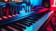 Detailed view of music studio equipment with vibrant LED lights on a synthesizer and sound mixer.