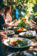 Lush garden outdoor dining with fresh salads and natural light creating a relaxing ambiance.