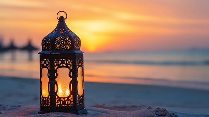 Islamic concept lamp Traditional Arabic Lantern on the beach Ramadan and Eid Mubarak greeting background