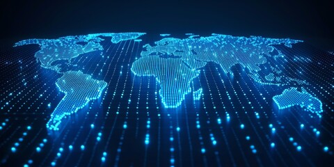 Leinwandbilder - A Blue-Hued Technological World Map Depicting Global Connectivity and the Digital Fabric of Data and Information, Generative AI
