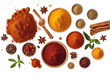 Set spices pile oregano red paprika powder turmeric cinnamon ginger isolated on white background top