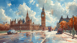Fototapeta Big Ben - Watercolor painting of the streets of London