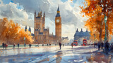 Fototapeta Londyn - Watercolor painting of the streets of London