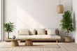 A minimalist Scandinavian, japandi living room with a low-profile sofa, wooden tables, and a large potted plant. a sense of calm and is ideal for modern interior design themes.