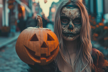 Wall Mural - model wearing a halloween mask and a costume in a street with a pumpkin