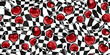 © Unleashed Design - Seamless red watercolor cherries on wonky black and white surreal psychedelic checkers. Funny kitsch vintage 50s diner tossed cherry fruit pattern. Maximalist retro dinercore aesthetic ditsy print.