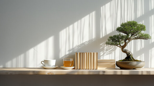 Japanese bonsai plant and books and cup on shelf, backdrop in a white wall, near window. Creating zen atmosphere at home
