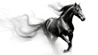 An AI generative image of running black horse with swirling smoke gently billow in the background, creating an abstract and mesmerizing atmosphere