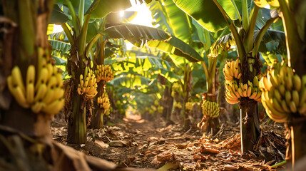Outdoors sunny garden full of tropical banana tree plants full of a bunch of yellow ripe banana fruits and large exotic green leaves casting the shadow. Organic food growth, plantation and farming