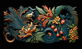 Fototapeta Perspektywa 3d - Decorative pattern with tropical leaves and flowers on black background.