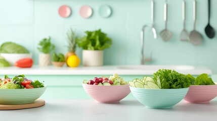 Wall Mural - Preparing vibrant salads in a minimalist kitchen with pastel accents, neat arrangement