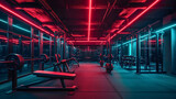 Fototapeta Perspektywa 3d - Wide angle photography of an empty modern gym room interior full of weights, bars and racks. Strong artificial red and blue lighting illuminating the room, nighttime shadows, no people, nobody. 