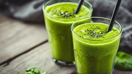 Two glasses filled with green smoothie made of fresh organic healthy kiwi and spinach fruits and vegetables food. Black straws in glasses, placed on the wooden table, detox juice drink, blended raw