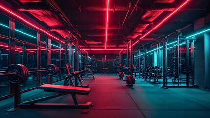 Wide angle photography of an empty modern gym room interior full of weights, bars and racks. Strong artificial red and blue lighting illuminating the room, nighttime shadows, no people, nobody. 