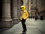 Fototapeta Perspektywa 3d - A successful business man walking down the street with smile emoji on his face.