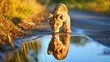 Beautiful little young lion cub animal standing outside or outdoors on the road on a sunny day and looking at his reflection in the water