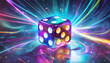 Casino neon background of dice on gaming table with lightning. Gaming cube with iridescent holographic effect. Concept of online betting and risky games