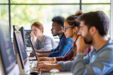 software developer programming finding solutions while working on desktop computers in data center s