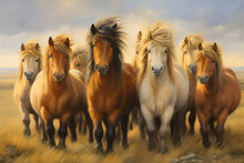 Painting Of Beautiful And Cute Shetland Ponies, Mini Horse Breed With Beautiful Mane, Group Standing On A Meadow, In Icelandic Nature Field, And Looking At The Camera