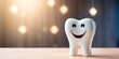Tooth smile and happy on wooden table with light bokeh background.