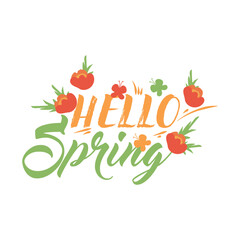 Wall Mural - Text HELLO, SPRING and flowers on white background