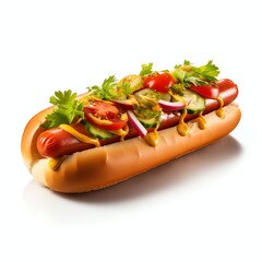 Wall Mural - a Hot dog with mustard and ketchup sauce and vegetables, studio light , isolated on white background