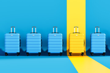 Sticker - Travel luggage with one yellow spot marking the right place for your summer vacation. Summer travel, concept on blue background. 3D Rendering, 3D Illustration