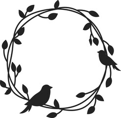 Wall Mural - Floral Circle Wreath Silhouette With Birds