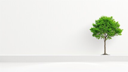 A lone tree stands against a minimalist white horizon