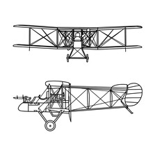 Template Vector Drawing Of 1900's Air Force Plane Line Art, Biplane Monochrome Silhouette With White Detail Lines, Outline Vector Doodle Illustration, Front And Side View Isolated On White Background