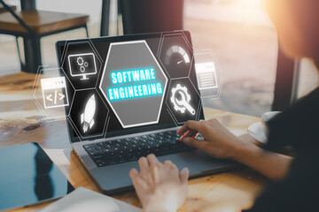 Wall Mural - software engineering concept, business woman using laptop omputer on office desk with software engin