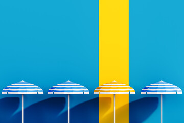 Canvas Print - Finding the right spot for summer vacation. Beach umbrellas with yellow empty slot on blue background and copy space. 3D Rendering, 3D Illustration