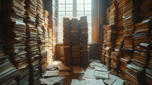 Towering stacks of unsorted paperwork. Paperwork, stacks business papers in office. Generative AI
