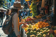 woman buying kiwis from a fruit stand on a sunny day. The vendor is wearing a hat, and there are other people walking by