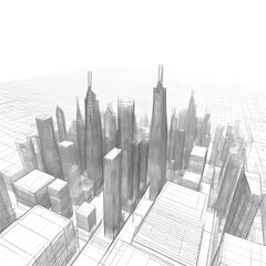 Wall Mural - Abstract wireframe city background. Perspective 3D render of building wireframe. Vector.